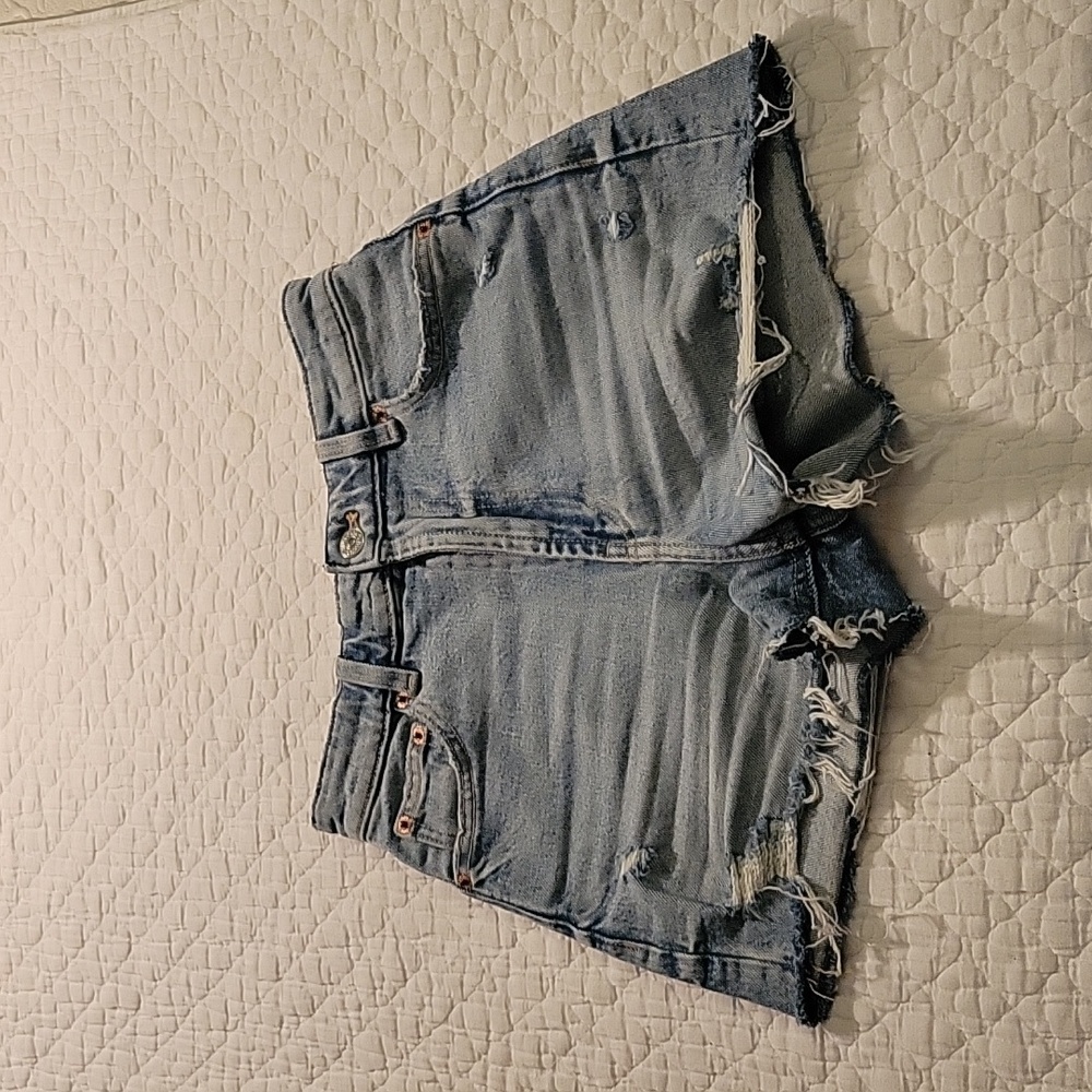 Zara Frayed Ripped Distressed Light Wash High Rise Denim Shorts 0